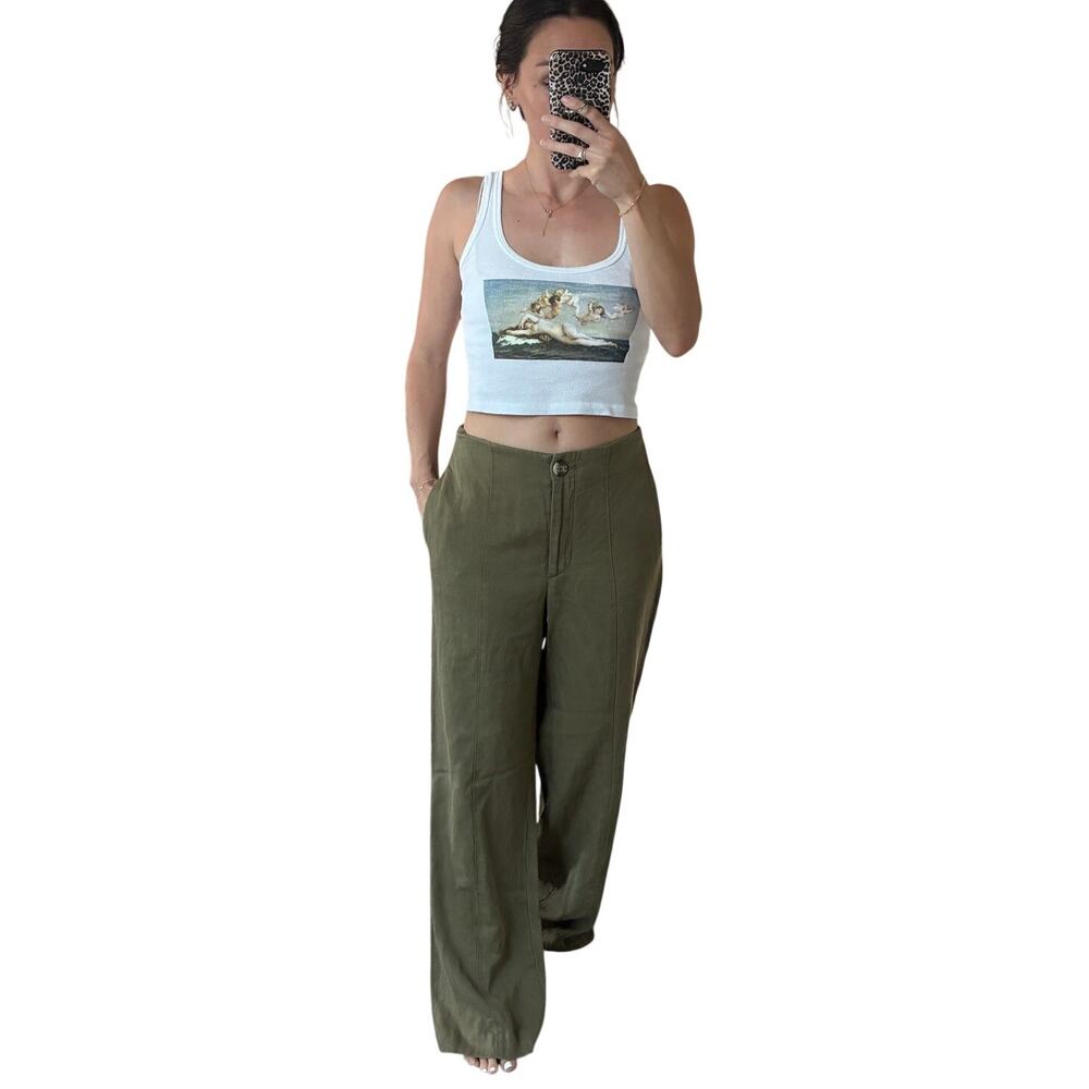 Ann Taylor Linen Wide Leg Olive Green Trouser Work Pant Size 4